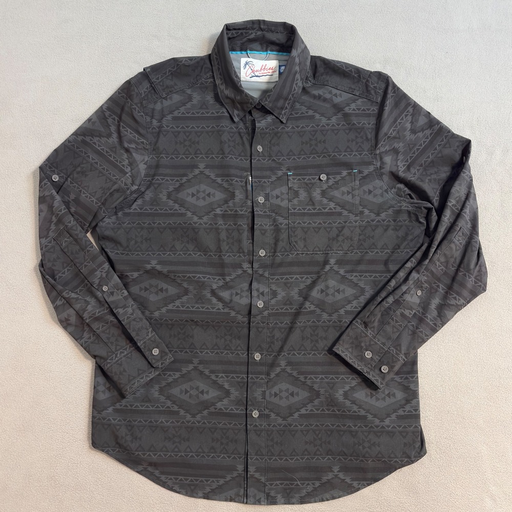 Chubbies Mens Large Gray Aztec Print Long Sleeve Button Up Shirt Performance